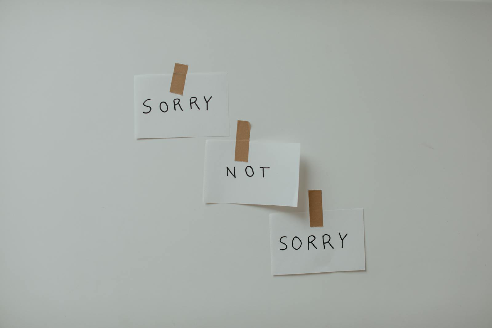 Minimalist design of cards on a white background with the text "Sorry Not Sorry" in handwritten font.
