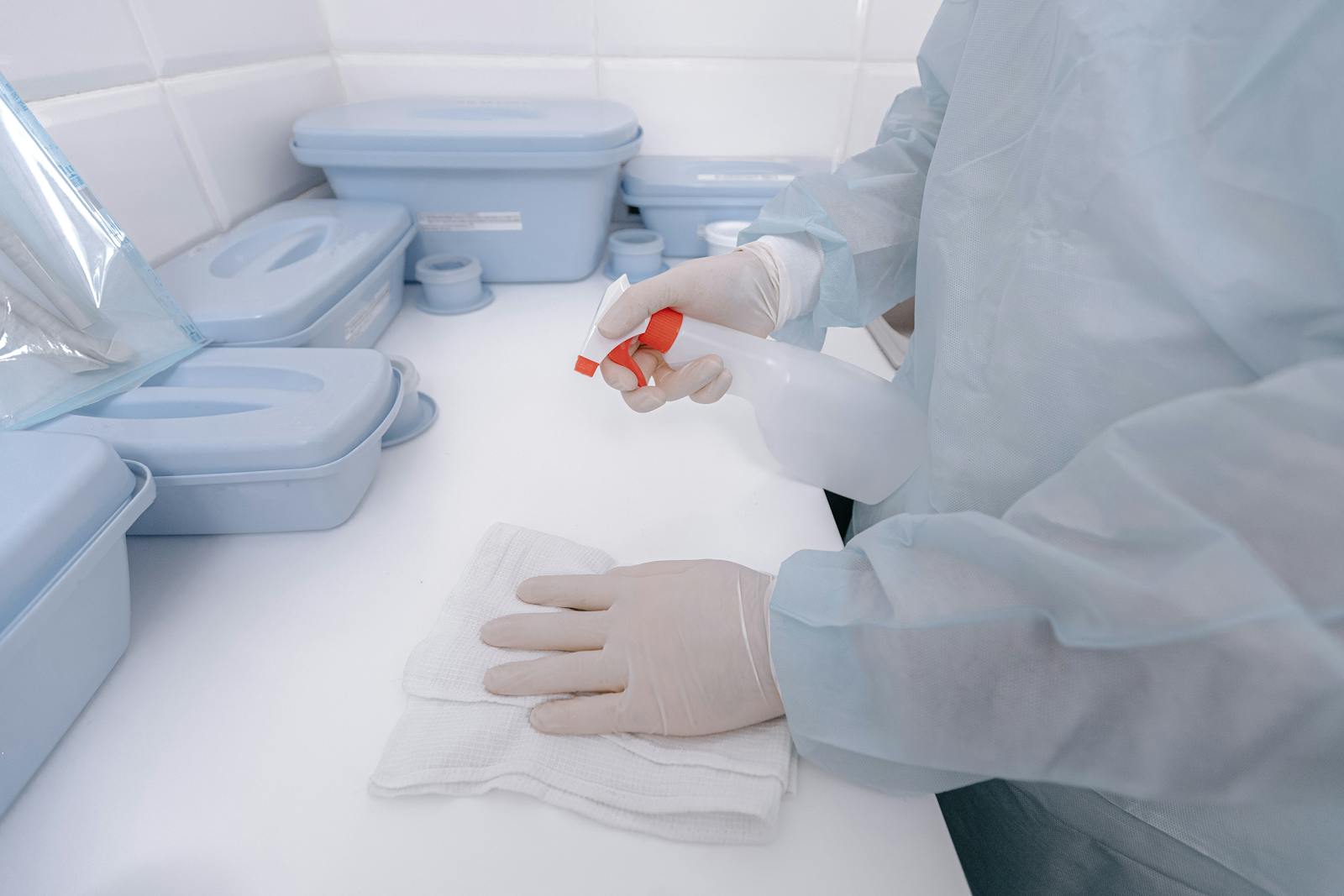 A healthcare worker wearing gloves sanitizes a surface with a spray bottle in a medical setting.